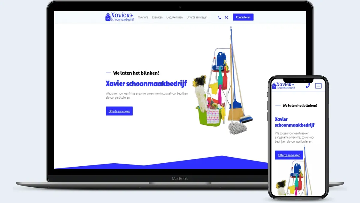 Mockup do site da Xavier Schoonmaakbedrijf, a página inicial em um notebook