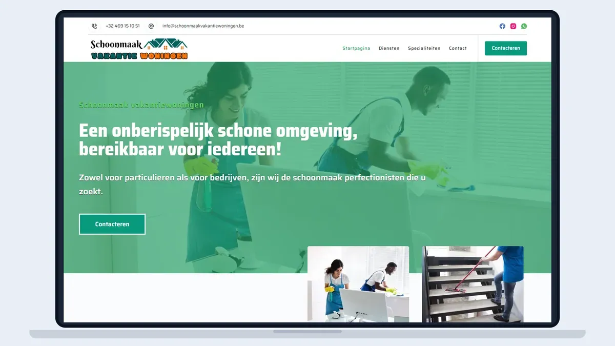 Een laptop toont de website Schoonmaak vakantiewoningen van Zurclean, een website op één pagina